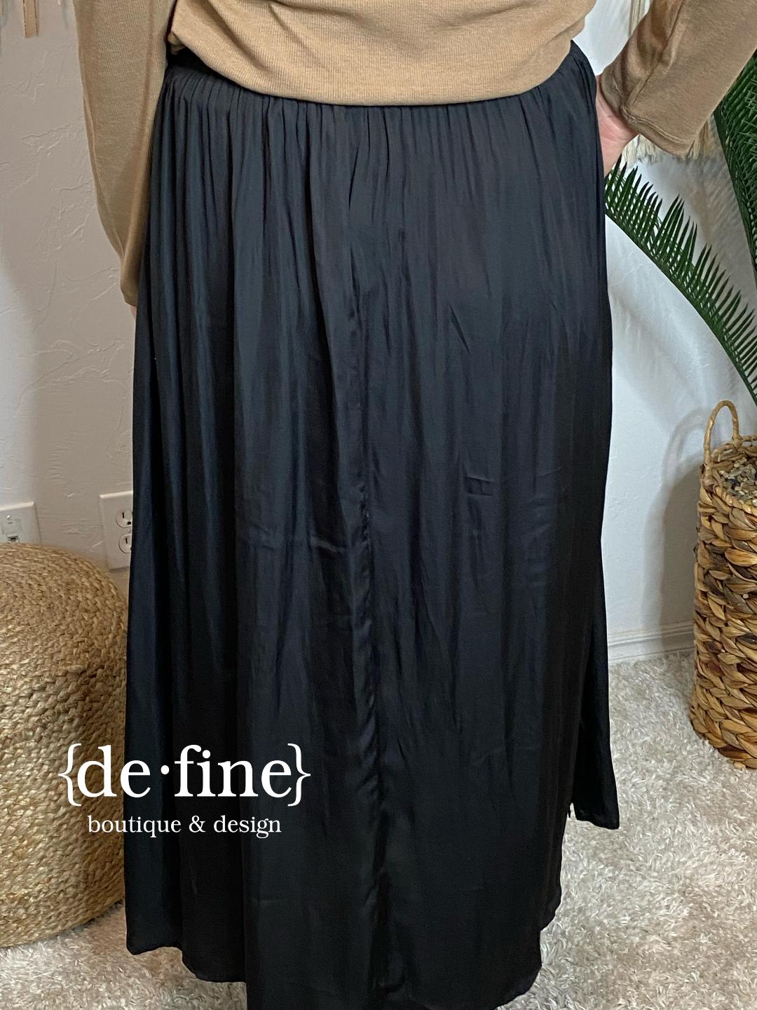 Black or Rust A-Line Skirt with Deep Side Slit and Pockets
