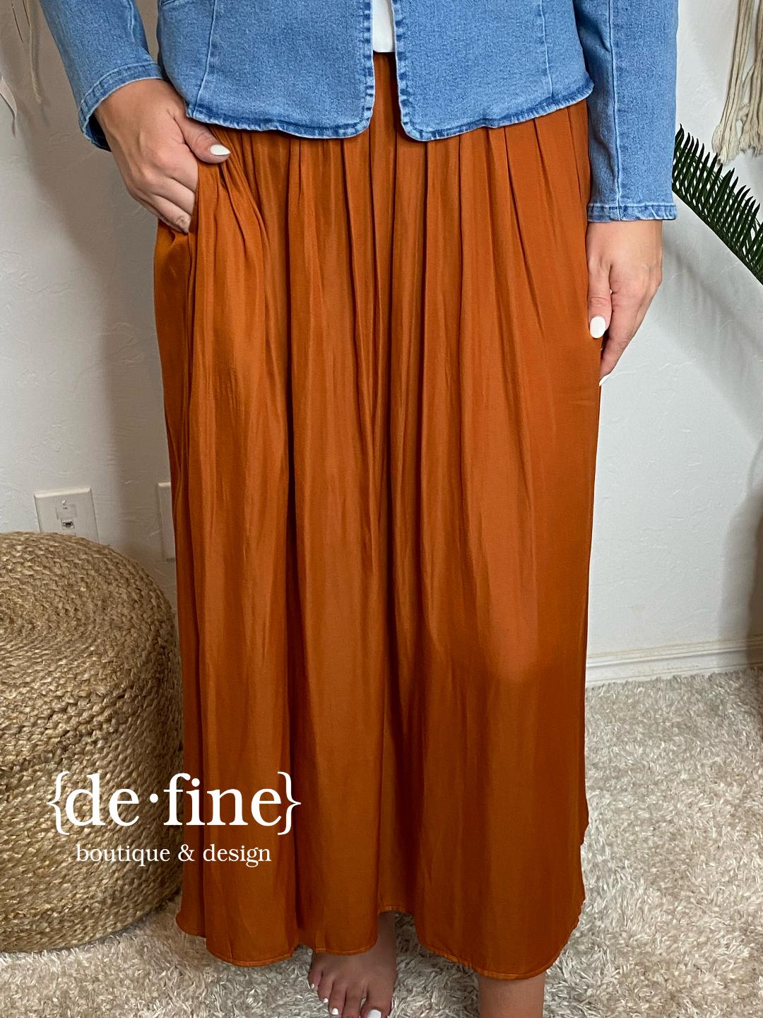 Black, Rust or Olive A-Line Skirt with Deep Side Slit and Pockets