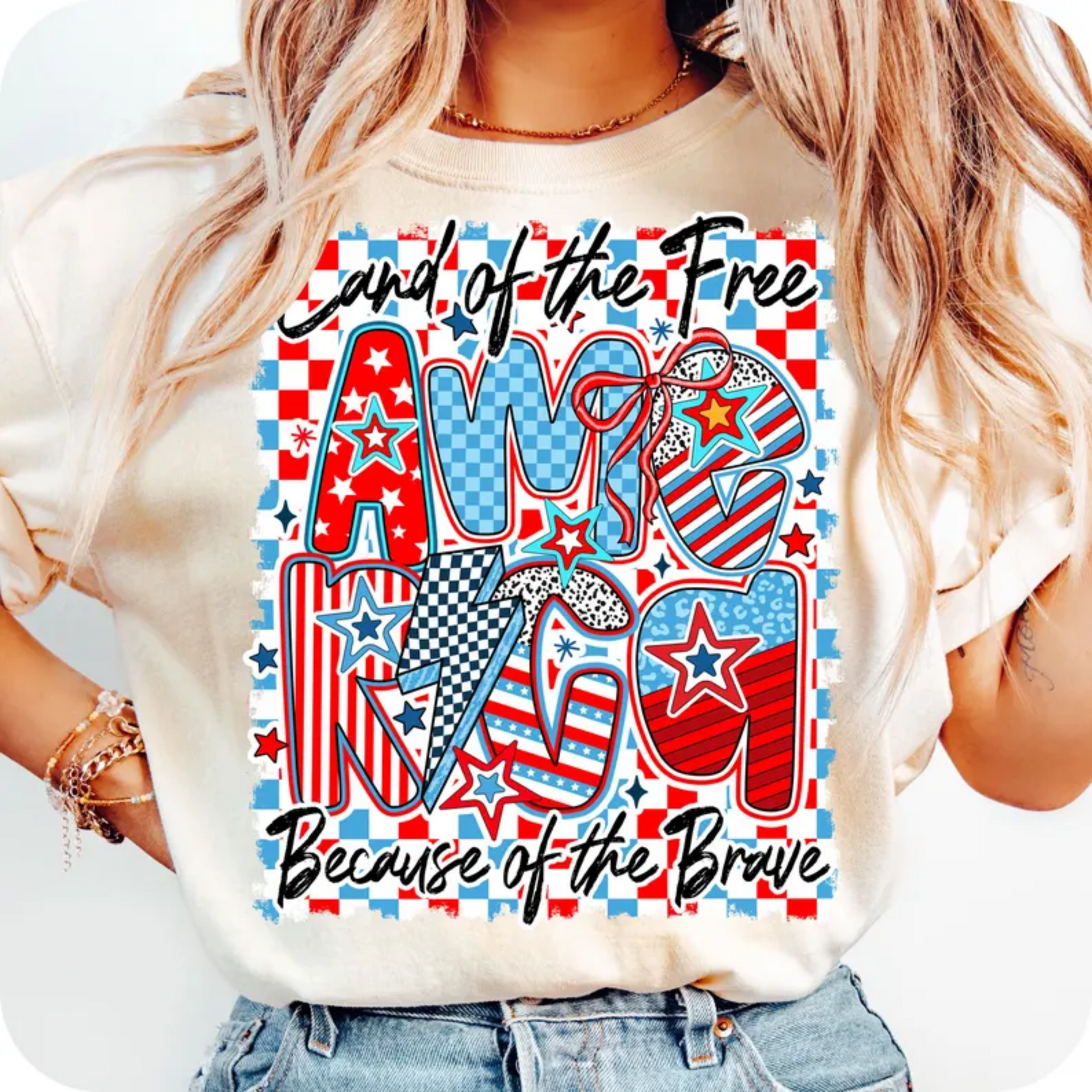 Land of the Free Because of the Brave Retro Checker Graphic Tee