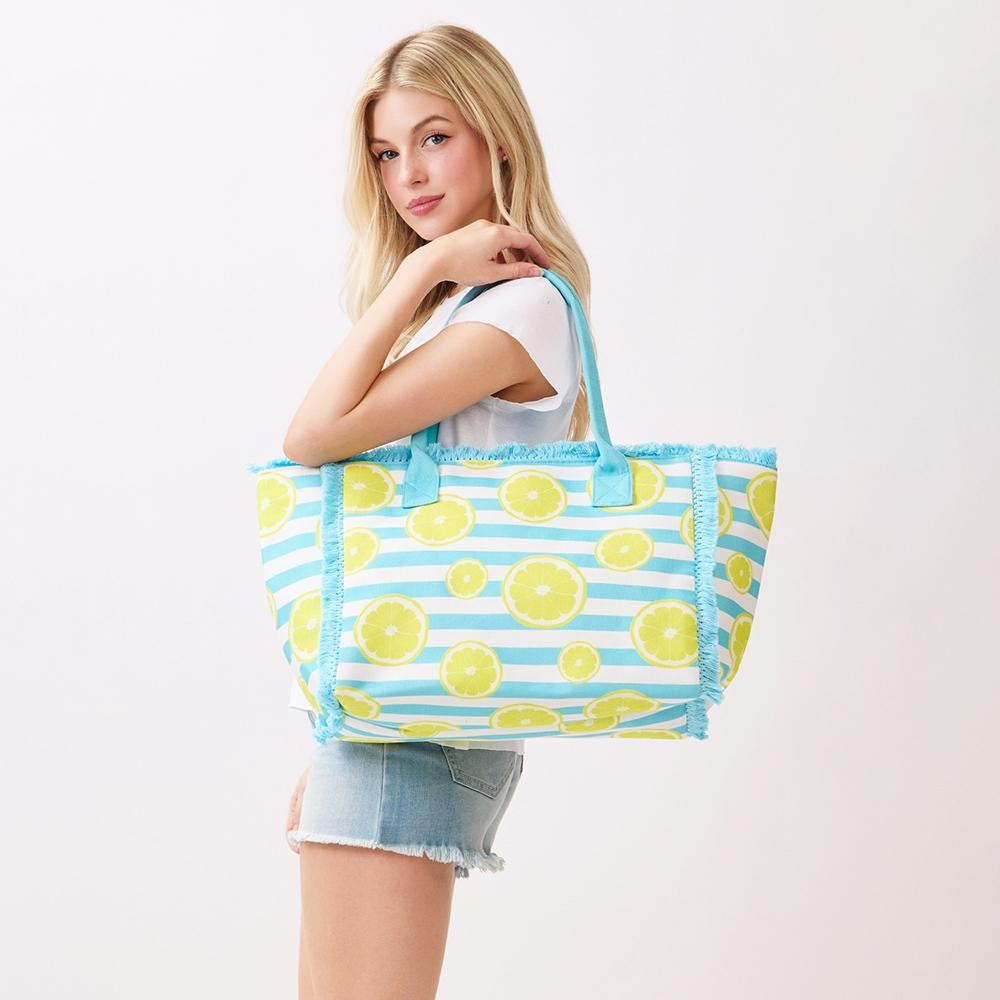 Lemons and Stripes Fringe Tote Bag