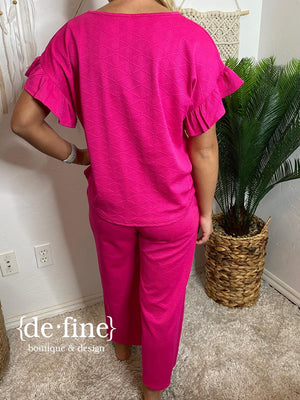 Fuchsia Textured Cropped Pants Set with Ruffle Sleeves in Regular & Curvy