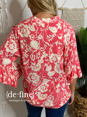 Watermelon Floral Blouse with Bell Sleeves in Regular & Curvy
