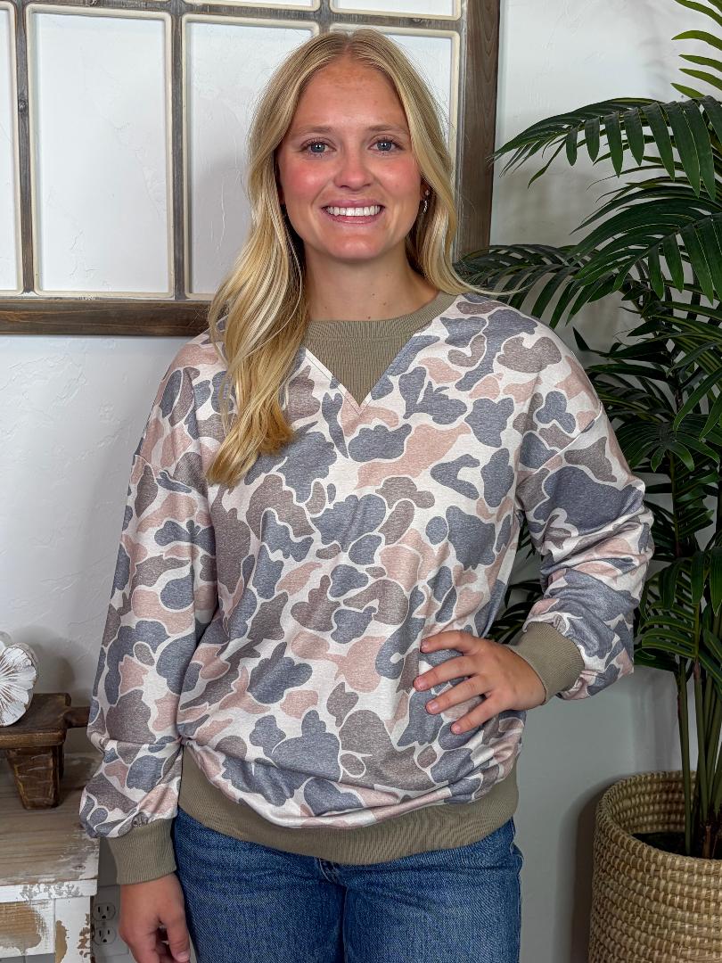 Camouflage Print Ribbed Trim Casual Pullover Sweatshirt