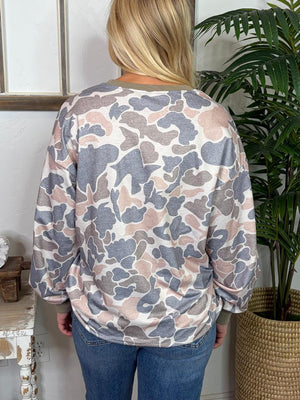 Camouflage Print Ribbed Trim Casual Pullover Sweatshirt