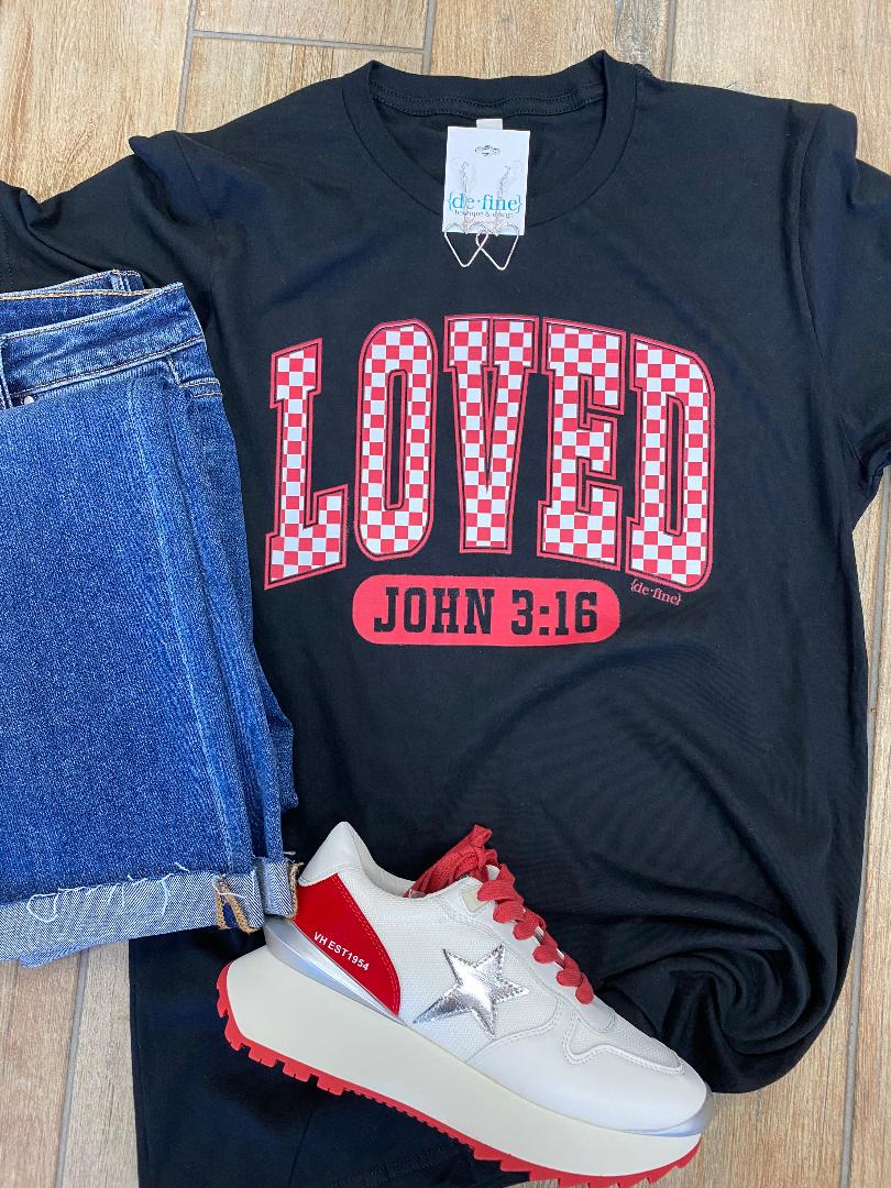 Loved John 3:16 Checker Graphic Tee or Sweatshirt