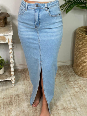 Light Wash Front Slit Hem Denim Maxi Skirt