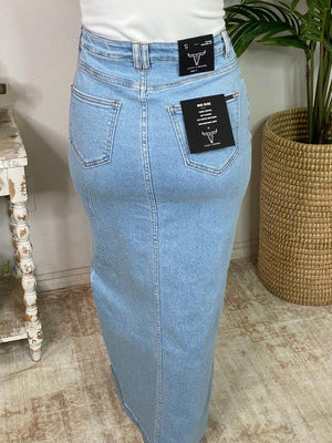 Light Wash Front Slit Hem Denim Maxi Skirt