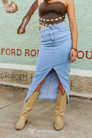 Light Wash Front Slit Hem Denim Maxi Skirt