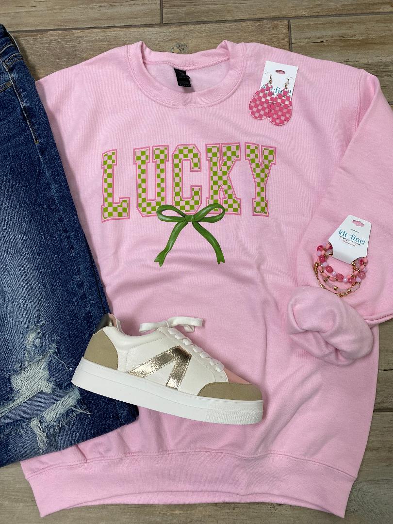Lucky Varsity Tee or Sweatshirt in Pink or Black