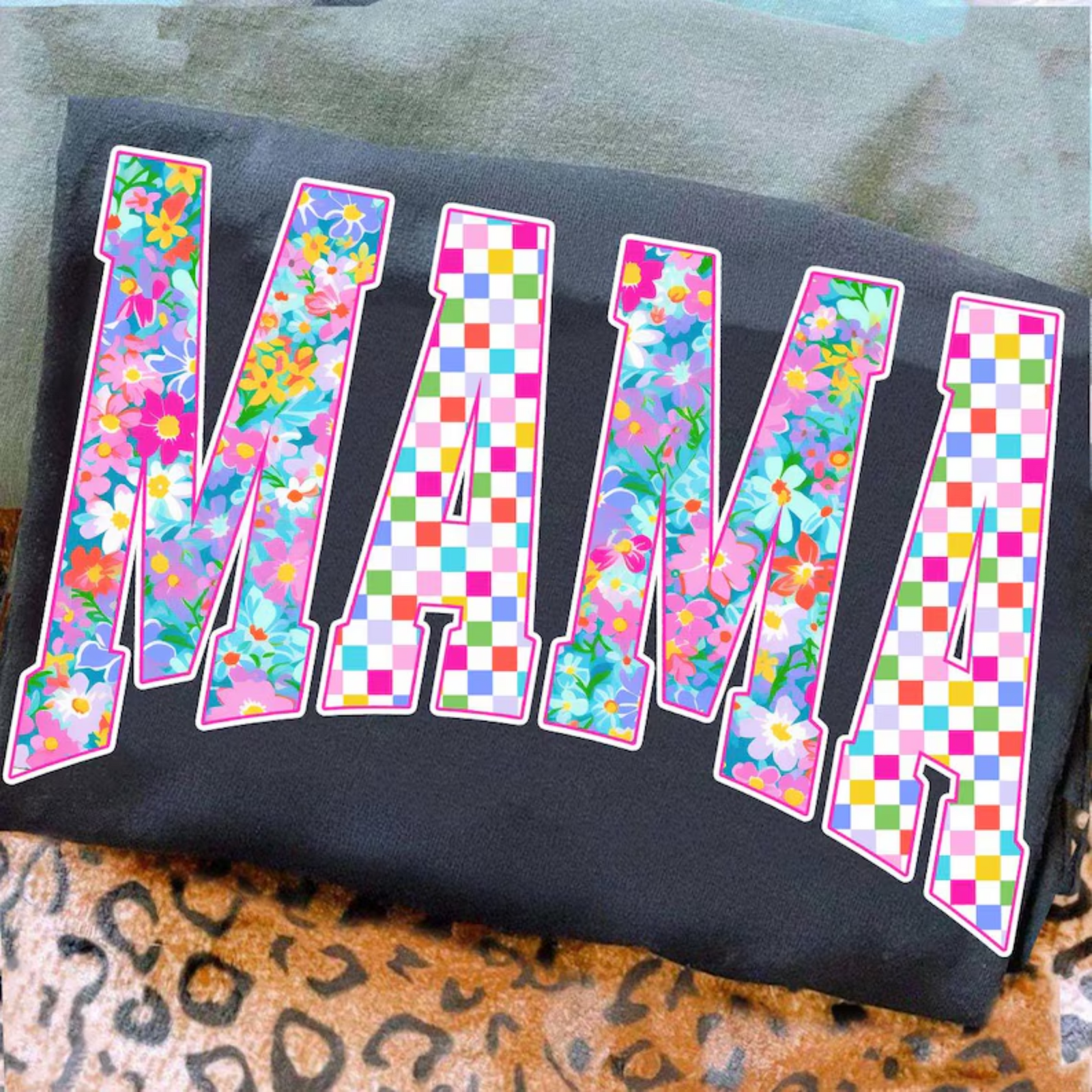 Mama Neon Retro Floral Check Graphic Tee