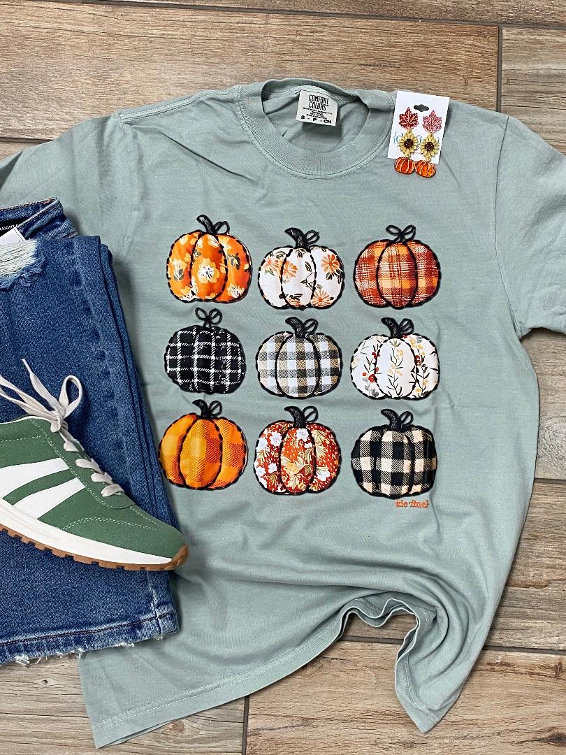 Nine Quilted Look Pumpkins Graphic Tee, Long Sleeve or Sweatshirt