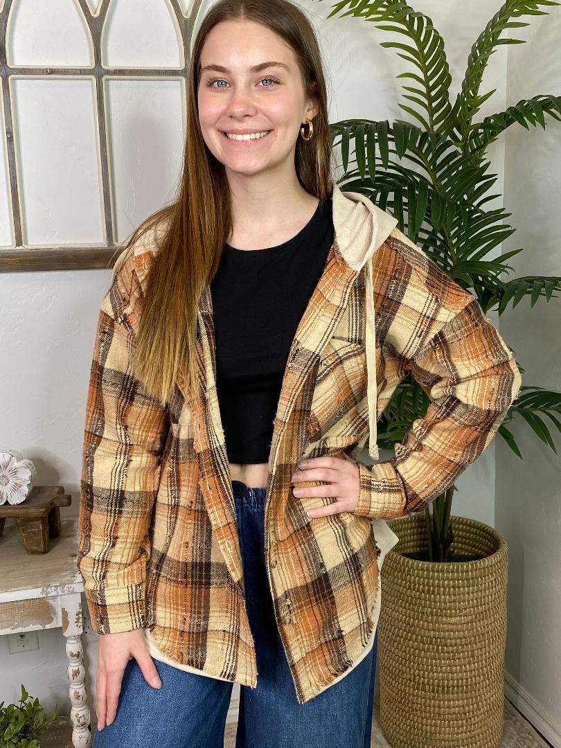 Tattered Flannel Shacket with Hood