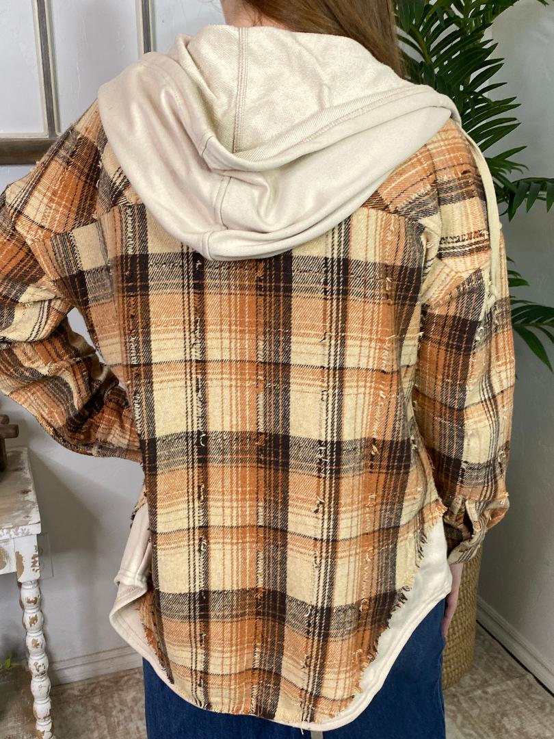 Tattered Flannel Shacket with Hood