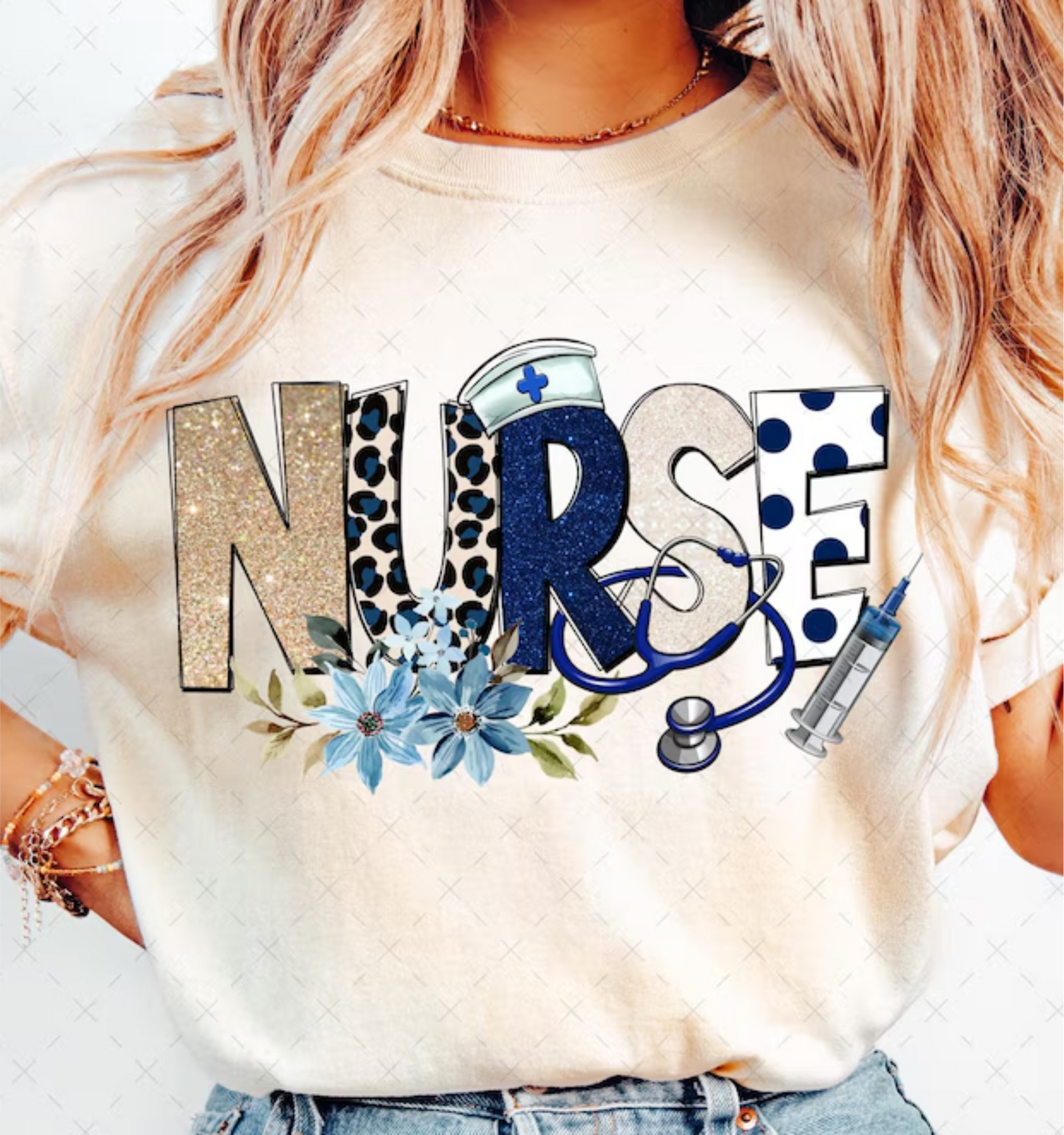 Nurse with Blue Flowers Graphic Tee