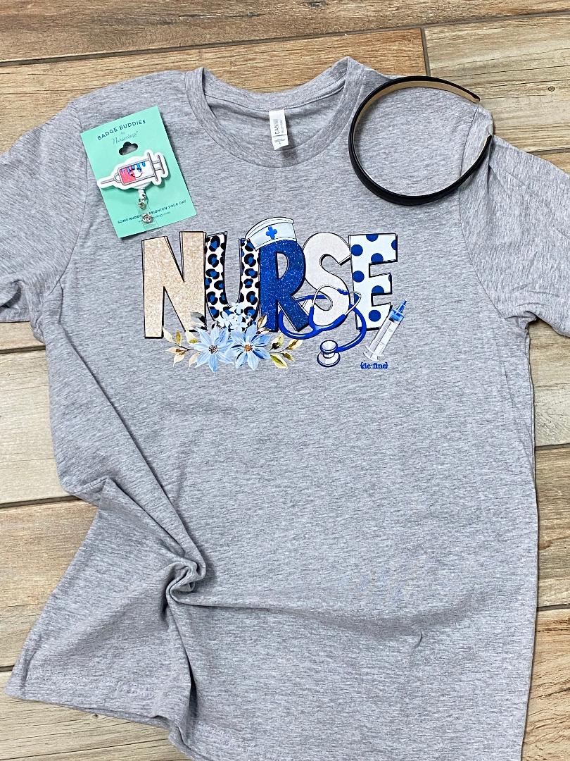 Nurse with Blue Flowers Graphic Tee
