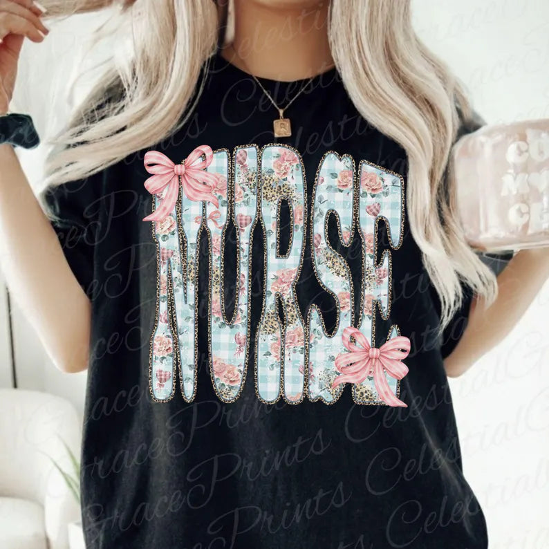 Nurse Floral Gingham with Bows Graphic Tee