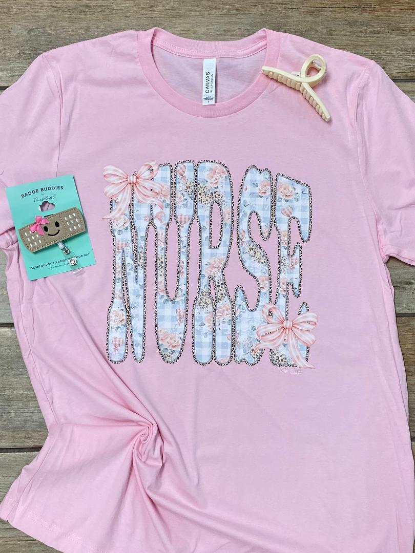 Nurse Floral Gingham with Bows Graphic Tee