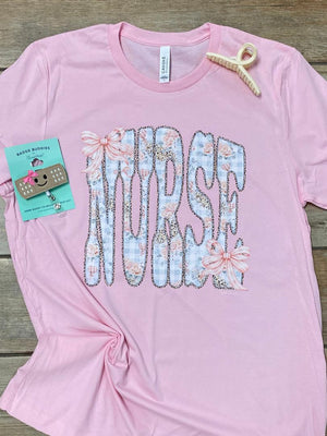 Nurse Floral Gingham with Bows Graphic Tee
