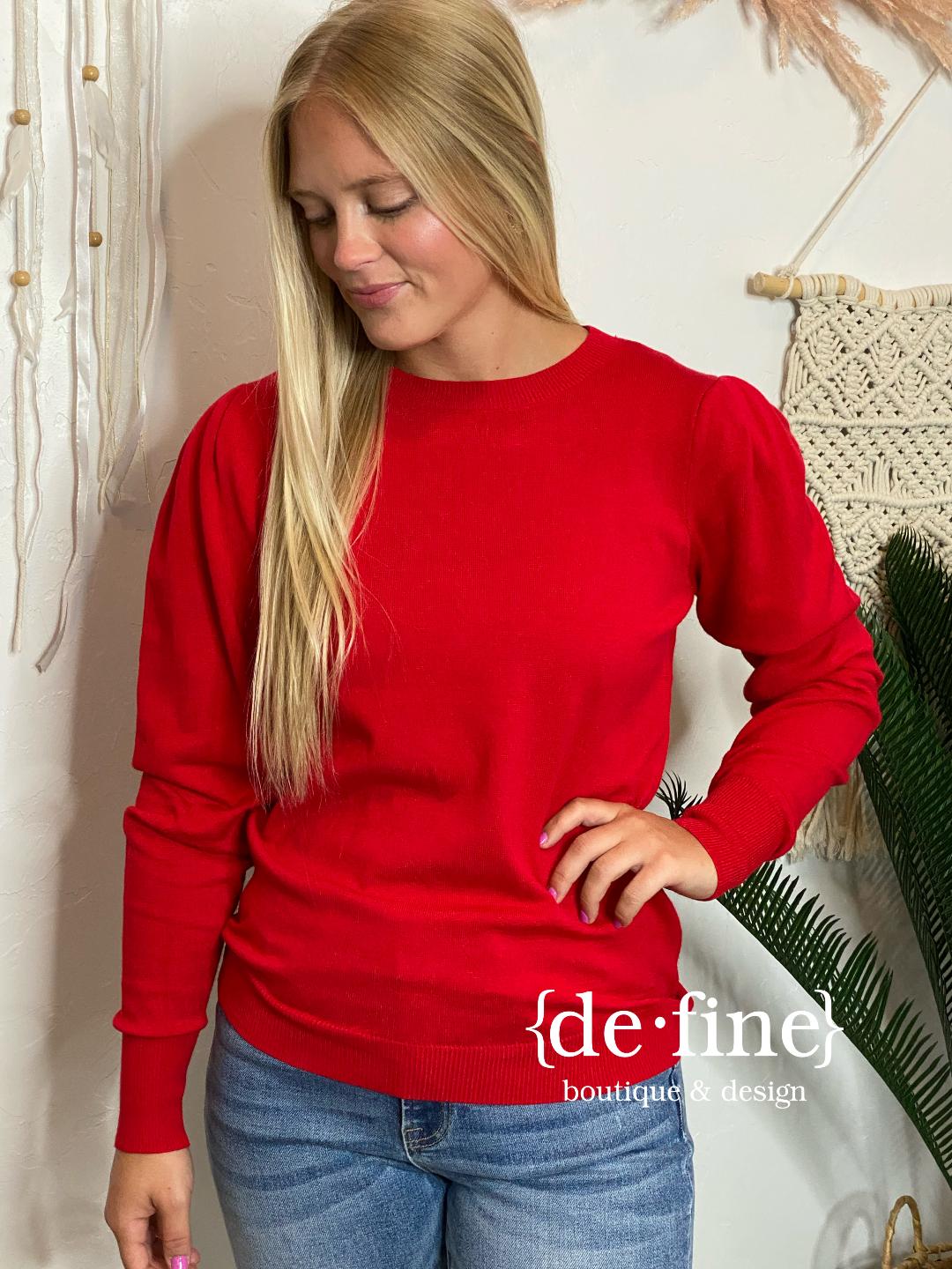 Simple and Sweet Sweater with Pleated Sleeves in Red or Black in Regular & Curvy