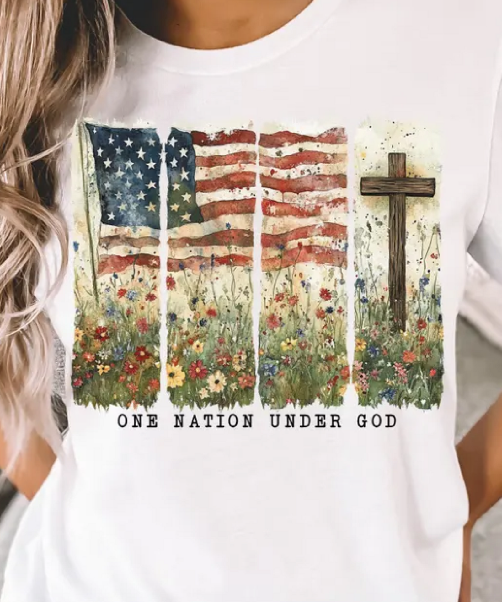 One Nation Under God 4 Panel Watercolor Flag Graphic Tee
