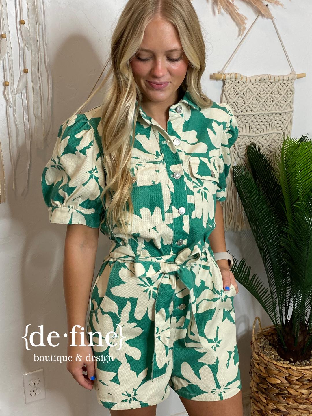 Take me to the Beach Green and Cream Floral Shorts Romper
