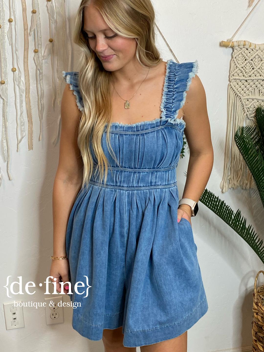 Washed Denim Shorts Romper with Pleated Detail