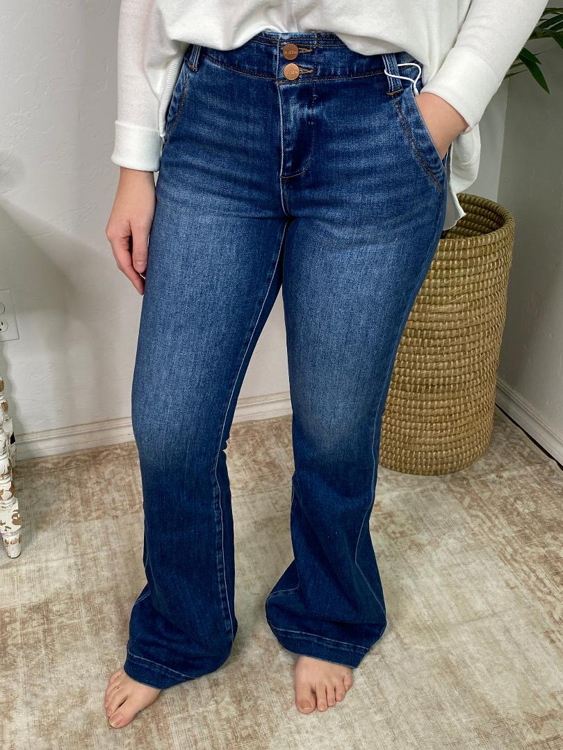 Risen High Rise Flare Jeans with Double Button Down