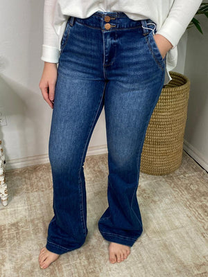 Risen High Rise Flare Jeans with Double Button Down