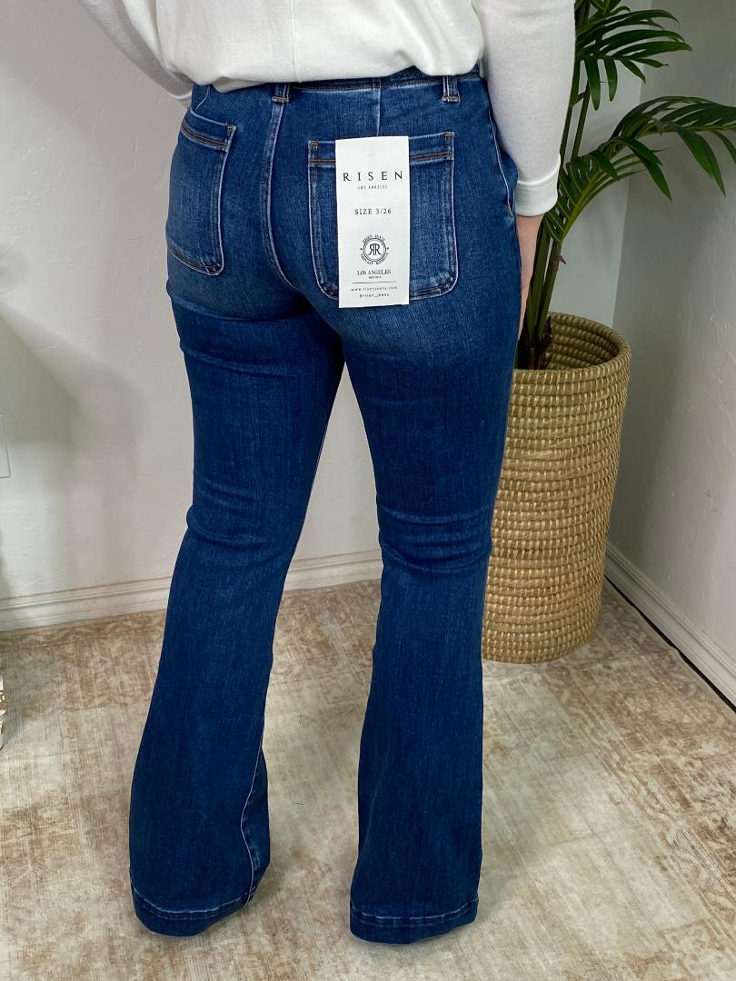 Risen High Rise Flare Jeans with Double Button Down