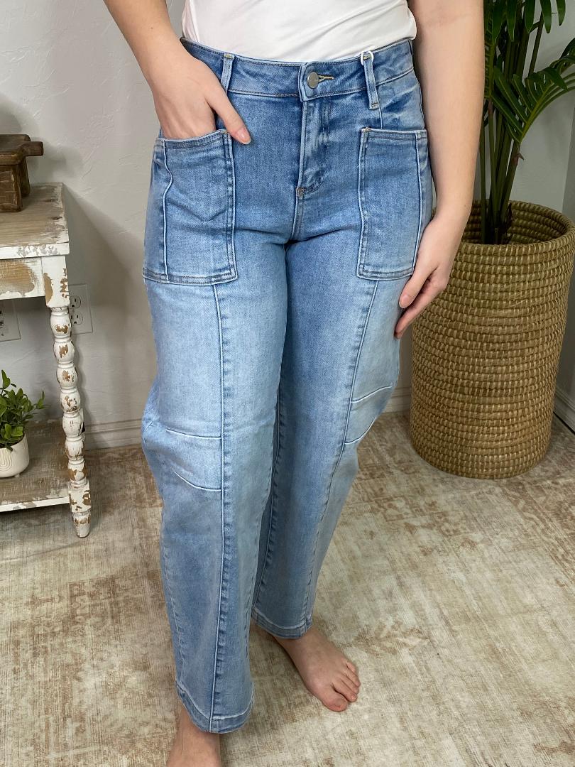 Risen Slouchy Ankle Boyfriend Jeans with Patch Pockets