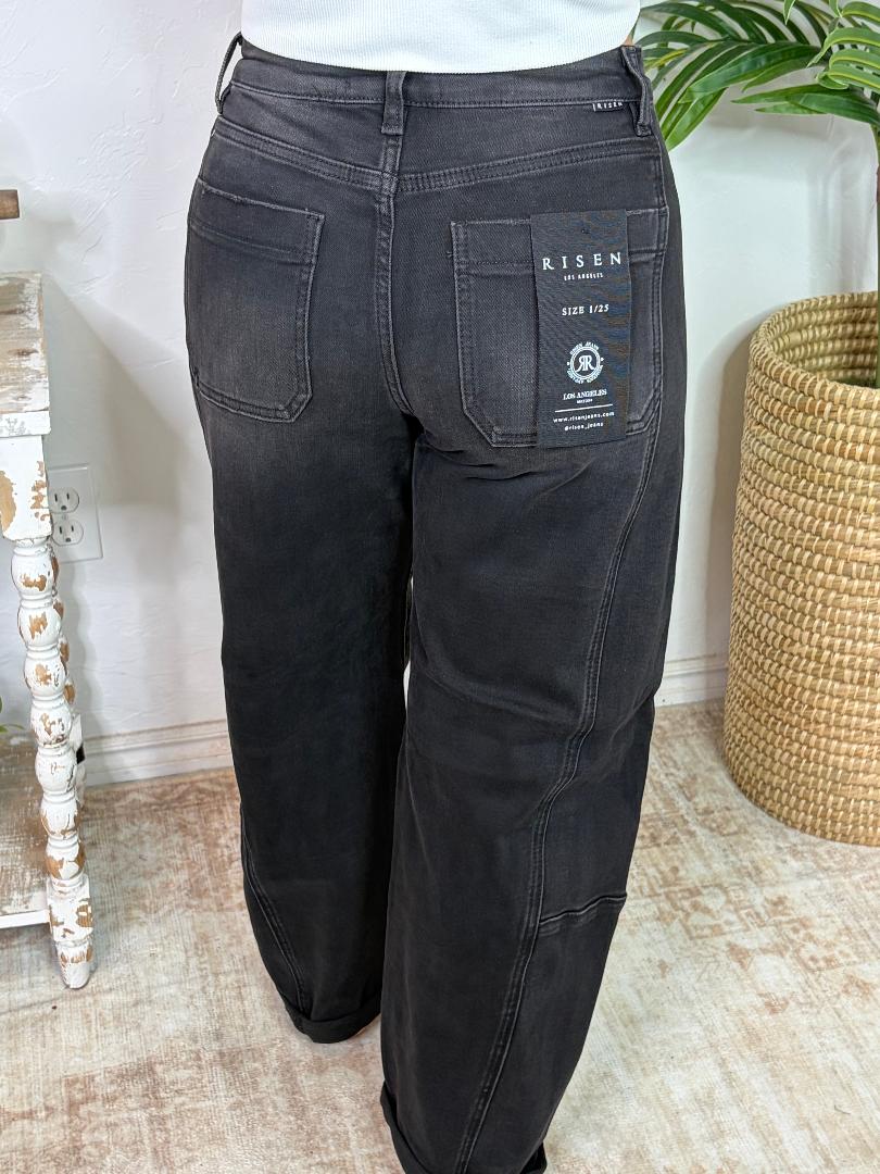 Risen Black HR Crop Barrel Cuffed Hem Jeans