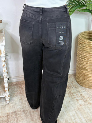 Risen Black HR Crop Barrel Cuffed Hem Jeans
