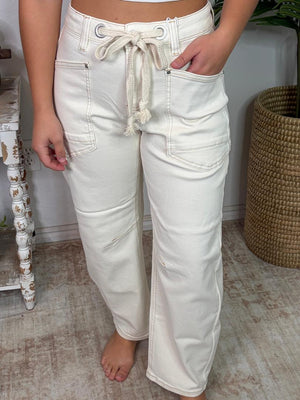 Risen Ivory Slouchy Crop Barrel Cuffed Hem Jeans with Eyelet String
