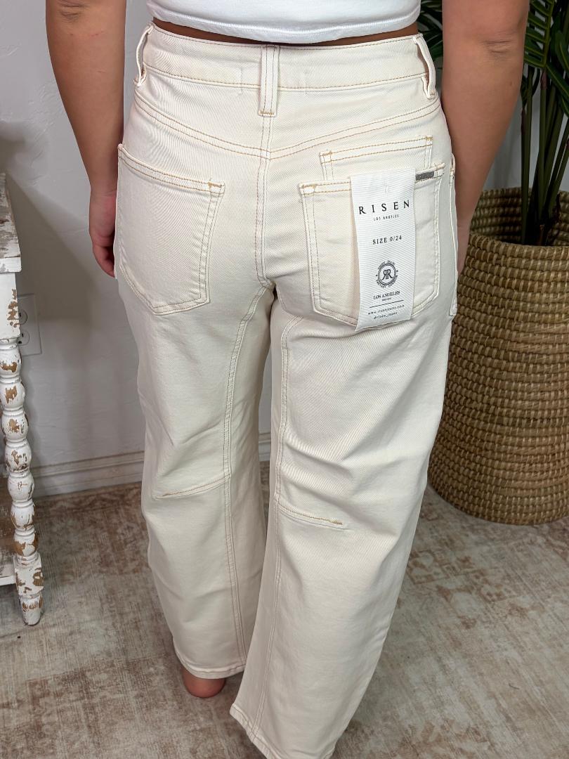 Risen Ivory Slouchy Crop Barrel Cuffed Hem Jeans with Eyelet String