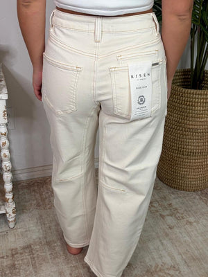 Risen Ivory Slouchy Crop Barrel Cuffed Hem Jeans with Eyelet String