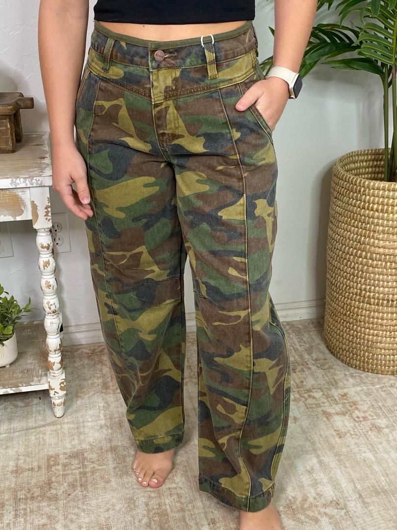Risen Camo Mid Rise Crop Barrel Jeans
