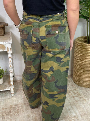 Risen Camo Mid Rise Crop Barrel Jeans