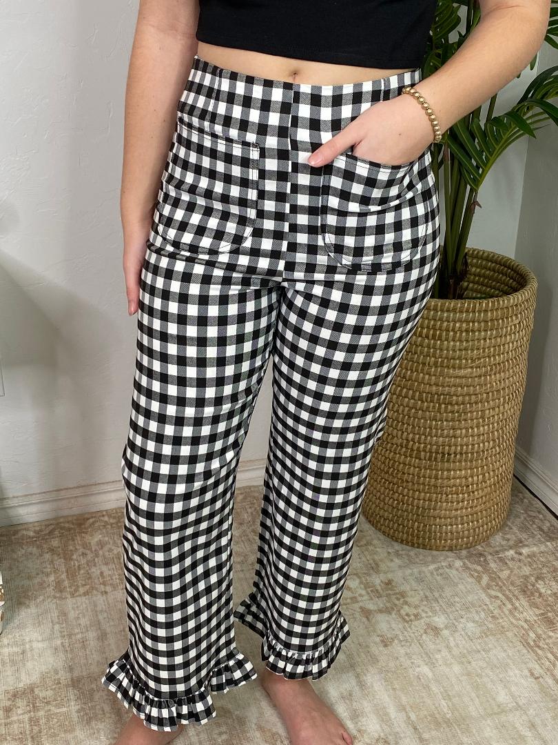 Black Gingham Straight Leg Ruffled Hem Pants