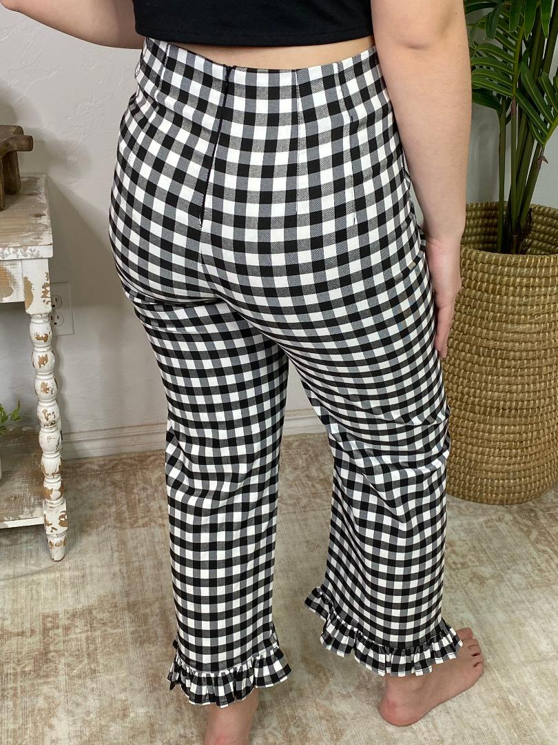 Black Gingham Straight Leg Ruffled Hem Pants