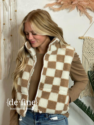 Taupe Checkered Sherpa Vest in Regular & Curvy