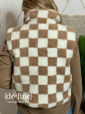 Taupe Checkered Sherpa Vest in Regular & Curvy