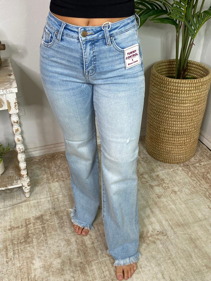 Risen Tummy Control Mid Rise Ankle Straight w/ Fray Hem Jeans