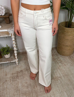 Risen Cream MR Tummy Control Ankle Straight Raw Hem Jeans - Regular & Curvy