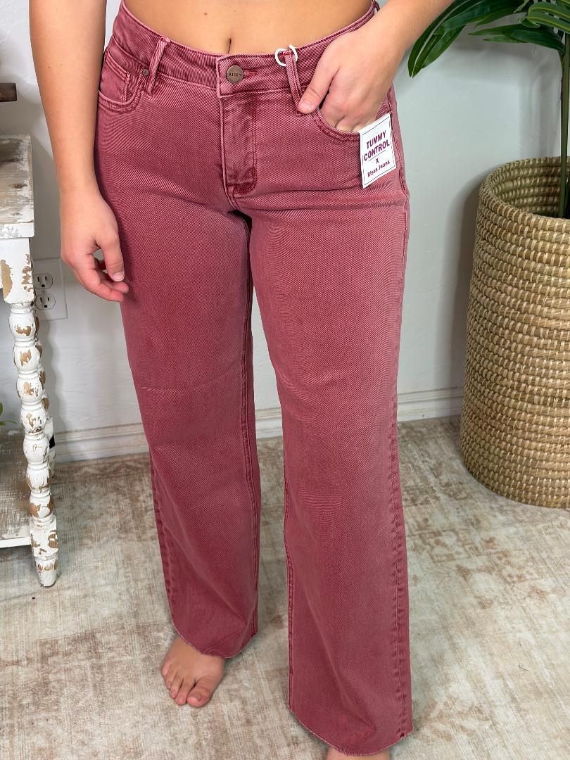 Risen Faded Red MR Tummy Control Ankle Straight Raw Hem Jeans - Regular & Curvy