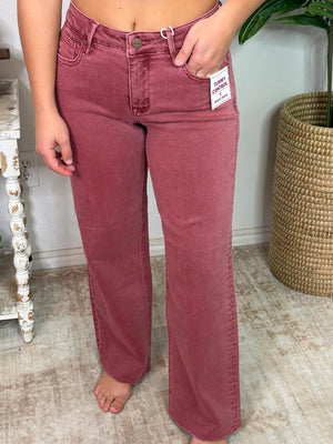 Risen Faded Red MR Tummy Control Ankle Straight Raw Hem Jeans - Regular & Curvy