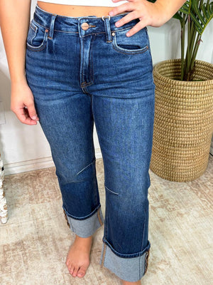 Risen Dark HR Straight Cuffed Hem Stretchy Jeans - Can be uncuffed!