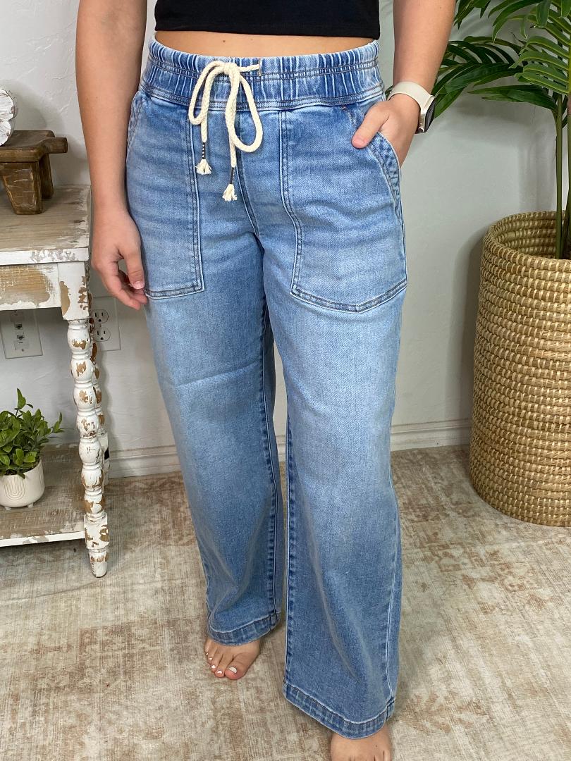 Risen Elastic Band Slouchy Cropped Baggy Jeans with Patch Pockets