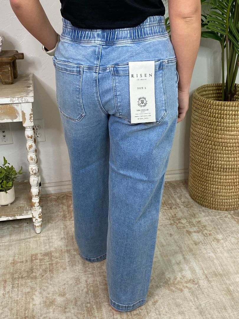 Risen Elastic Band Slouchy Cropped Baggy Jeans with Patch Pockets