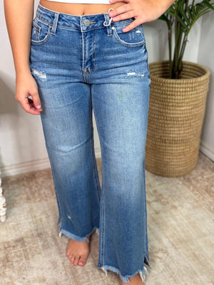 Risen MR Crop Wide Side Slit with Fray Hem Stretchy Jeans
