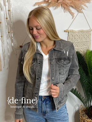 Risen Light Grey Destroyed Denim Jacket